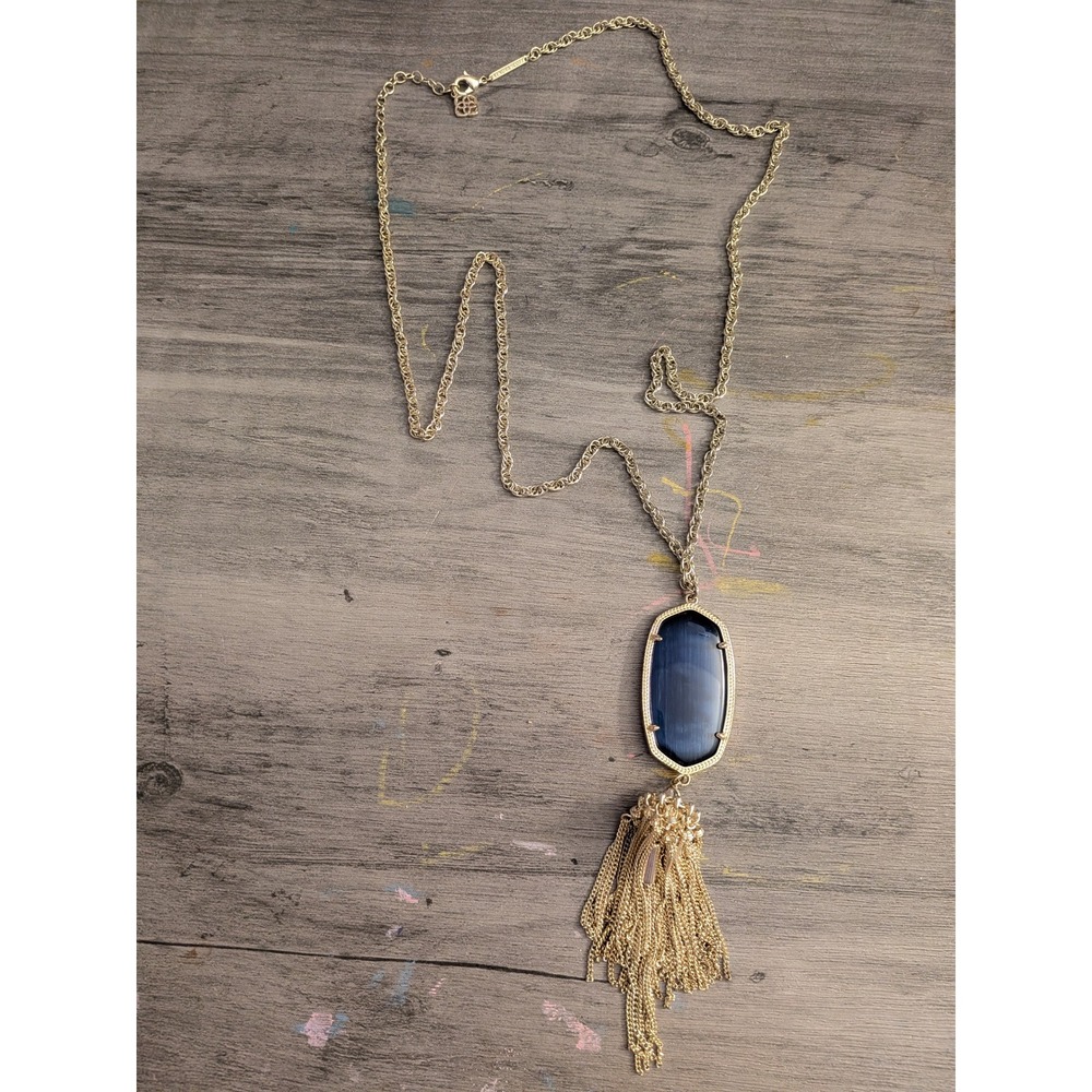 Kendra Scott Rayne Long Pendant Necklace Gold Navy Blue Cats Eye Tassel